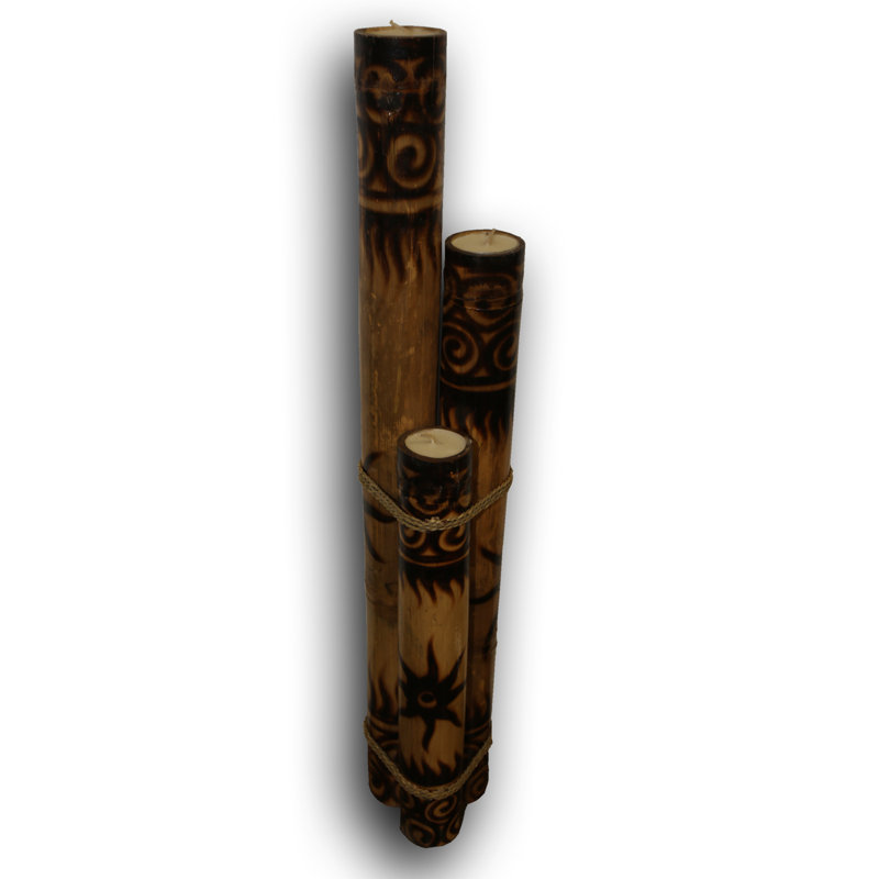 Ensemble de porte-votives en bois 3 pièces avec bougie inclus, H 38 po x l 4 po x P 4 po, Brun / Noir