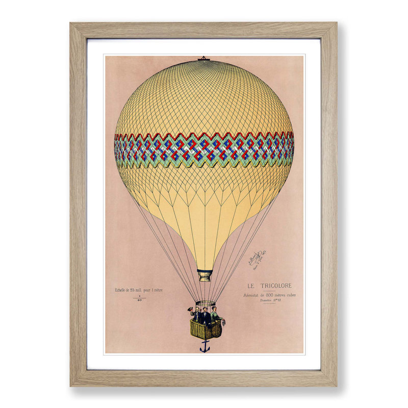 Tri-Colour Hot Air Balloon in Paris - Picture Frame Painting Print on MDF, 91cm H x 60cm W x 2cm D, Oak