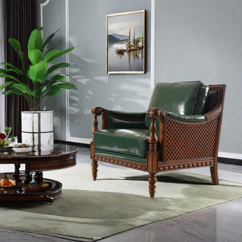 Fauteuil en cuir de vache American, Cuir véritable vert foncé