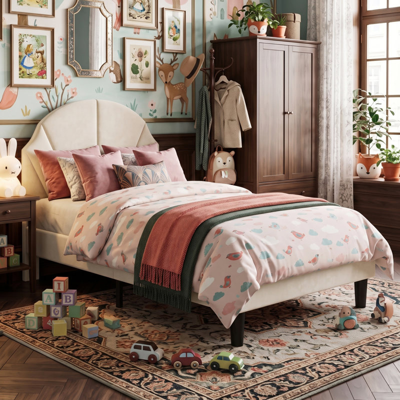 UK & EU Kids Velvet Bed Frame, Scalloped Shell Upholstery Bed with Height-Adjustable Headboard, Beige/Pink, Beige