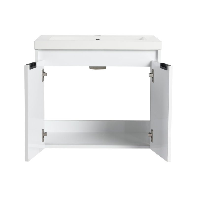 Meuble-lavabo moderne 60 po avec lavabo en résine et portes à fermeture douce, base en contreplaqué blanc brillant