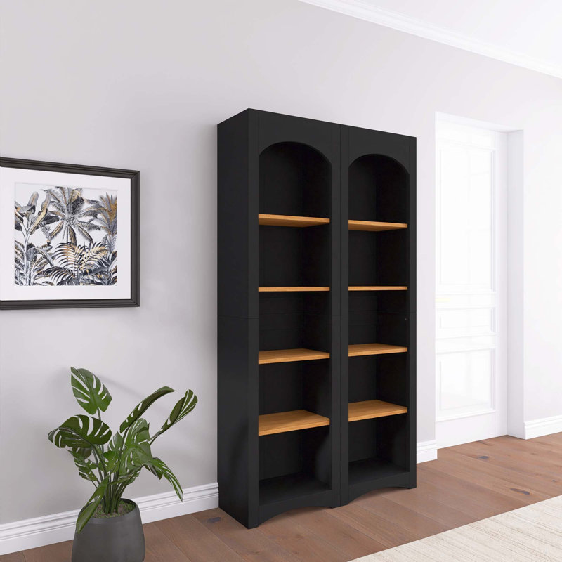 72"H Black Wood Two-Tone Storage Cabinet Bookcases With With Adjustable Shelves, Black