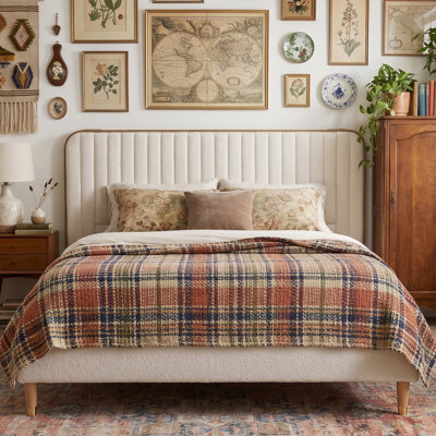 Modern Channel Tufted Upholstered Bed, Queen, White Teddy