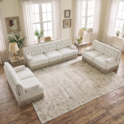 Ensemble de salon Chesterfield 7 pièces Bosworth pour 7 personnes, canapé en velours capitonné avec boutons pour salon