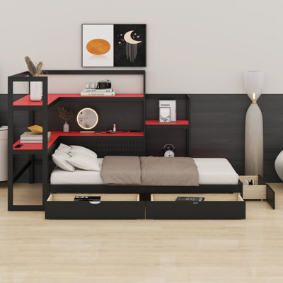 Stylish Daybed Frame with Built-in Desk, LED Lighting, Charging Station and 3 Storage Drawers