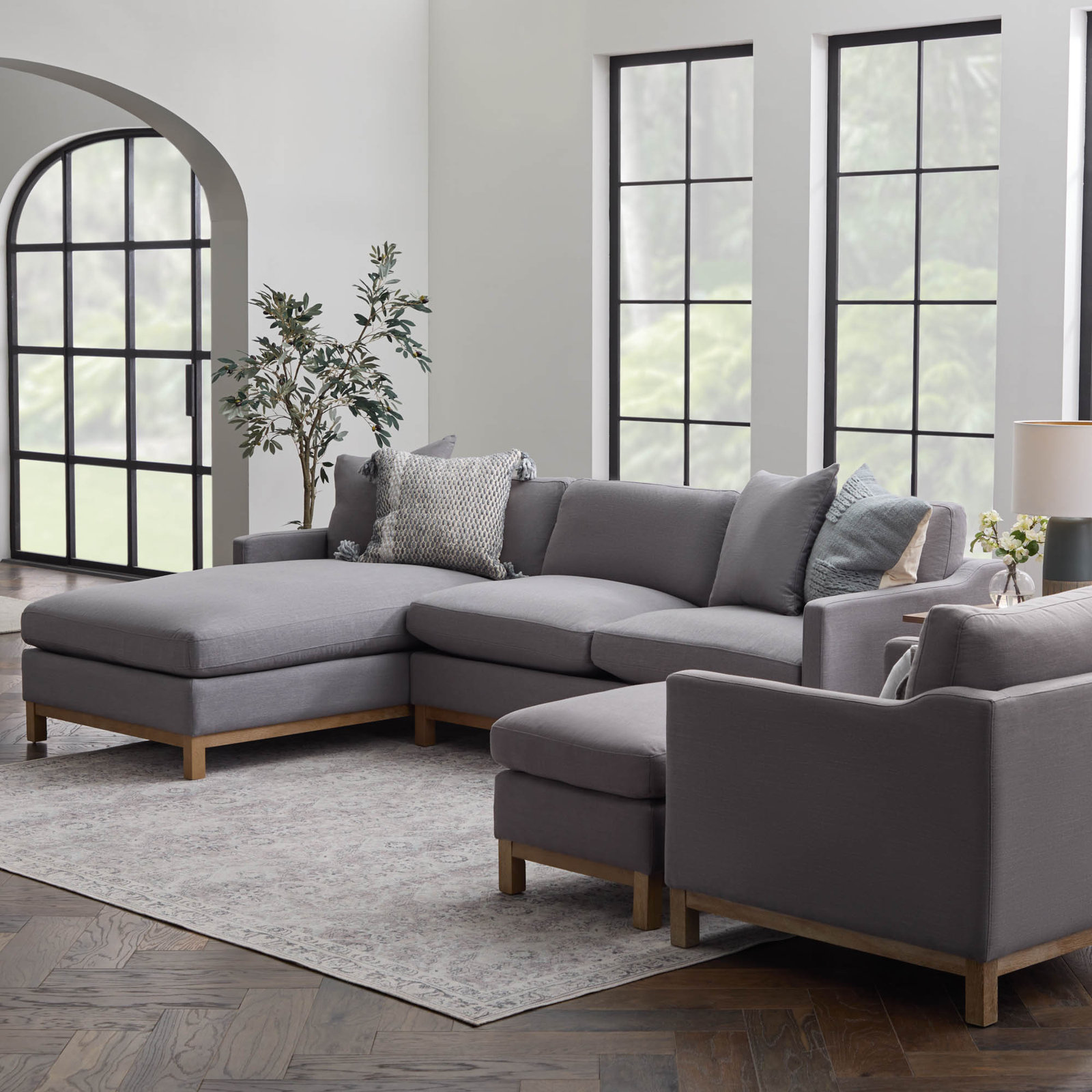 Cami Solid Wood Sofa and Chaise, Left Hand Facing, Pewter Performance Basketweave