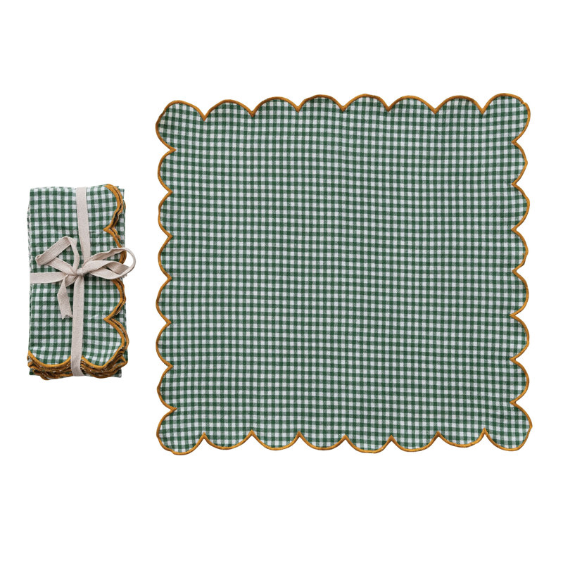 4-Piece Cotton Scalloped Square Napkins With Contrasting Stitched Edges And Check Pattern, Green, White, And Mustard, Green