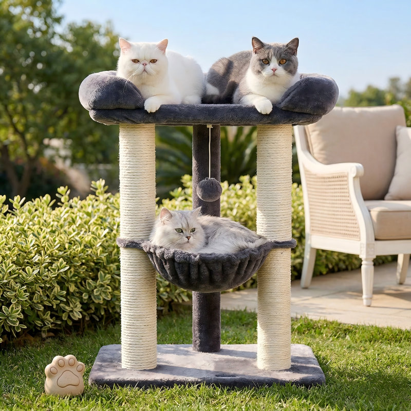 Tour pour arbre à chat 28 po, grand poteau à griffer avec perchoir souple pour regarder les fenêtres, grand lit pour grands chats, stable et compact, hamac, housse amovible, gris