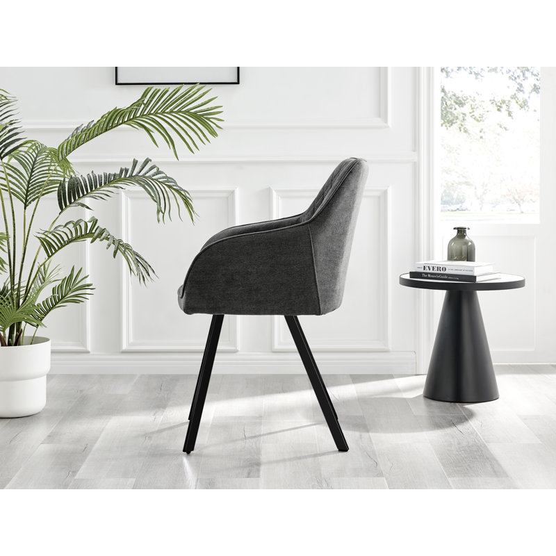 White Marble Effect Melamine Dining Table Black Legs & 6 Luxury Velvet Chairs Industrial Design, Dark Grey/Black