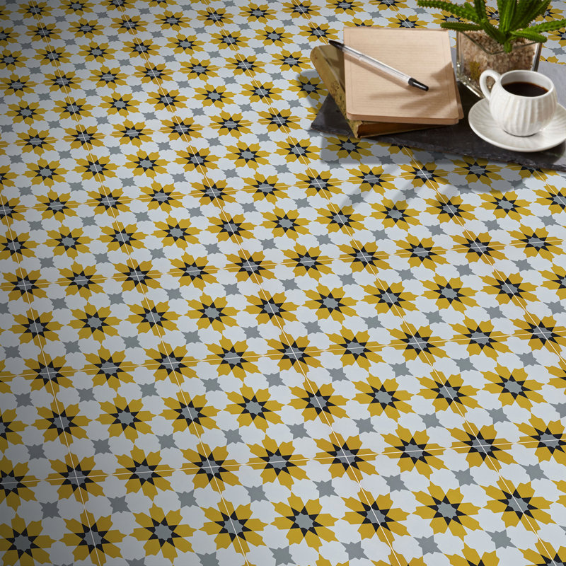 Ahfir 8" x 8" Cement Singular Wall & Floor Tile, Yellow/Gray/Black