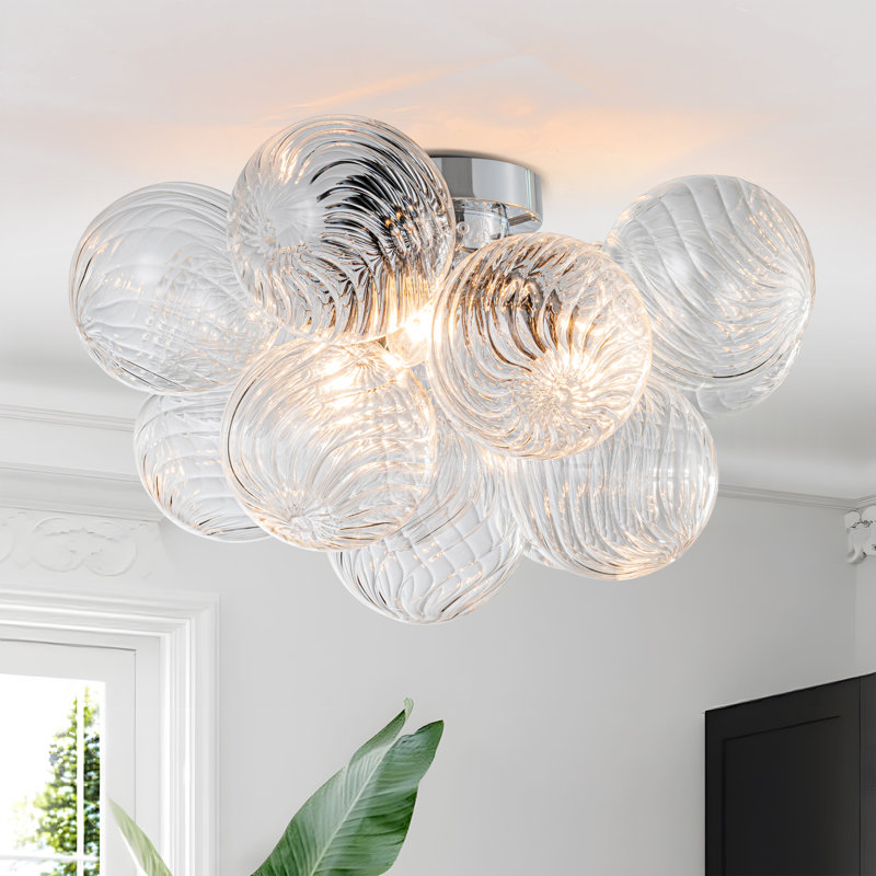 Ahona 3 - Light Dimmable Semi Flush Mount With 13 Swirled Glass Globe Bubble Ball, Chrome