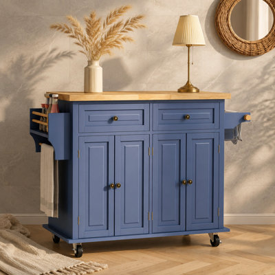 Navy Blue Solid Wood Kitchen Island, Double Drawer Double Cabinet With Wheels Towel Rack Spice Rack