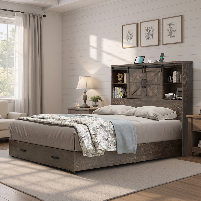 Structure de lit en bois Tryston Sherell, Grand, Brun