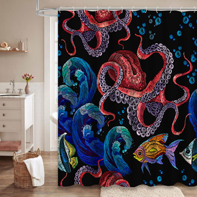 Rideau de douche avec 12 crochets Fish Wave