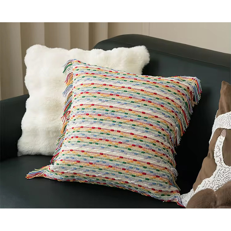 Multicolor Cotton Jacquard Striped Fringe Pillow Cover 18" x 18"