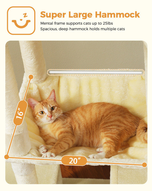 Arbre à chat Crawfordsville 71 po multi-usages, arbre à chat multi-niveaux avec condo, hamac, griffoir pour chat, Beige