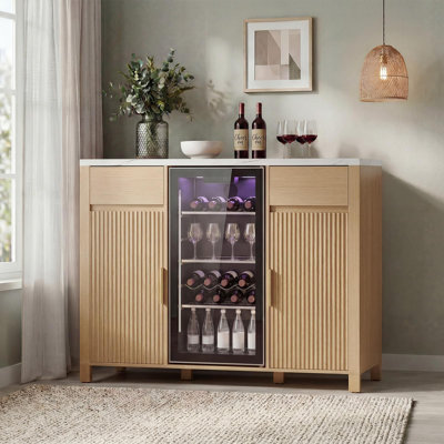 Modern Fluted Coffee Bar Cabinet with Mini Fridge Space, Charging Station, Wine Rack, Adjustable Buffet Sideboard, Large Wooden Countertop – Natural Wood Color