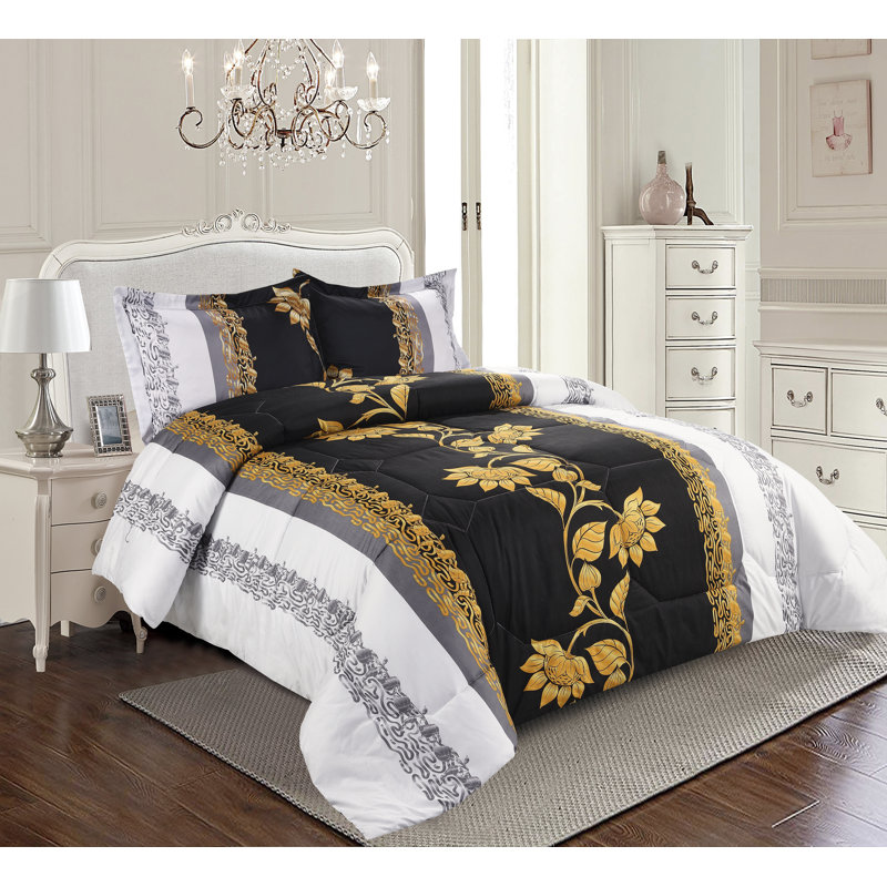 Black Trendy Printed Bedspread Floral Design Quilted with Pillow Shams, Double Bedspread + 2 Standard Shams