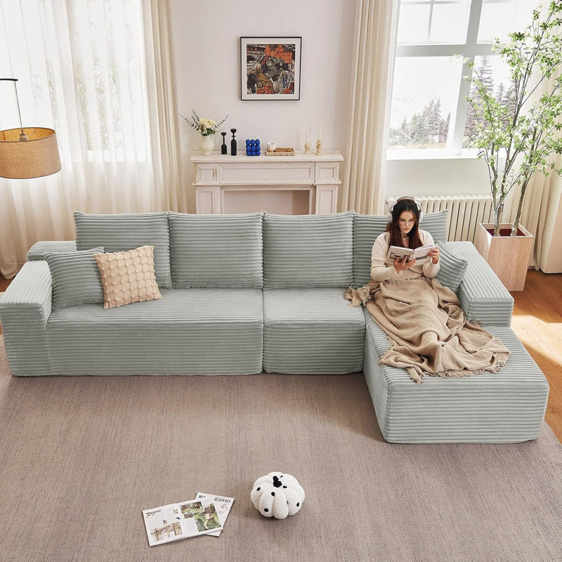 Canapé modulaire de 135 po avec méridienne en forme de L, méridienne modulaire moderne et confortable, canapé-lit rembourré en velours côtelé avec assise profonde pour le salon, sans assemblage requis, blanc