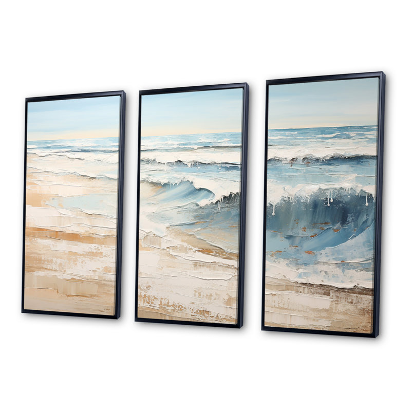 Golden and Blue Beach Tranquility I - ensemble d'art mural sur toile plage, Cadre flottant noir, H 32 po x l 48 po x P 1 po