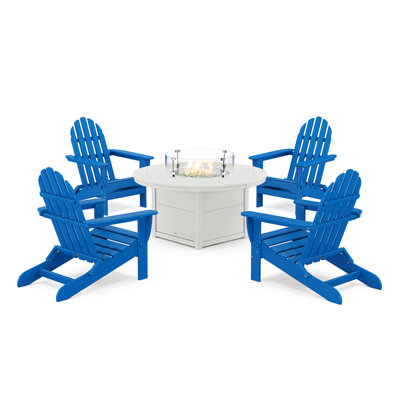 POLYWOOD Classic Folding Adirondack 6-Piece Conversation Set with Fire Pit Table