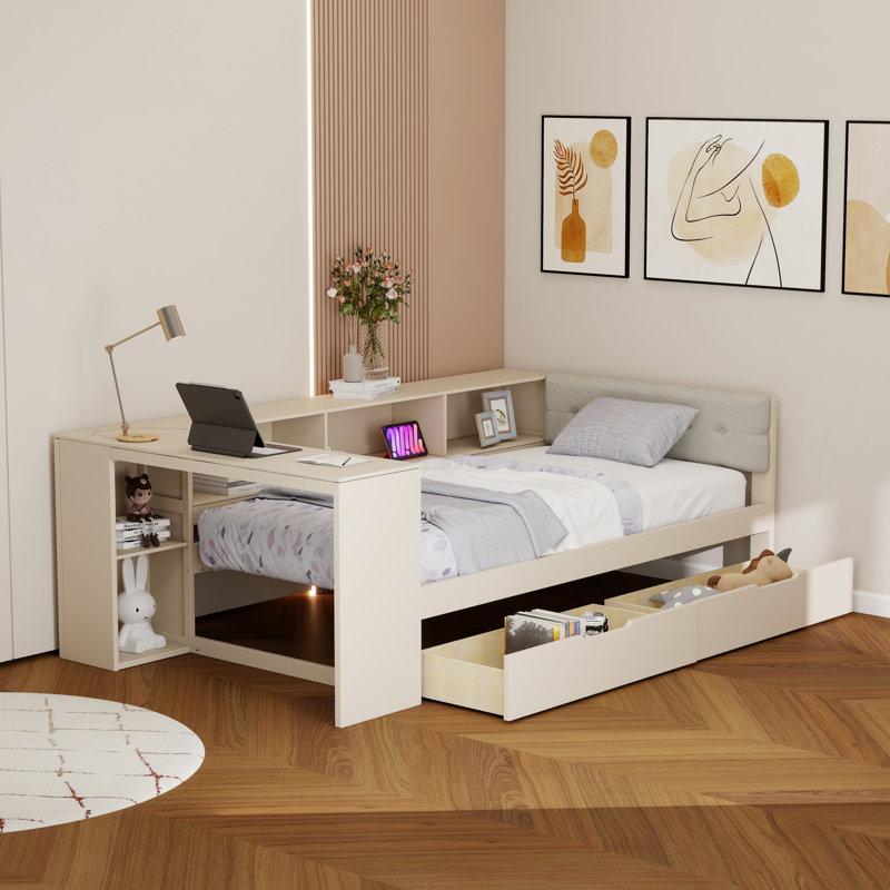 Lit plateforme simple en bois avec tablettes de rangement, ports USB et bureau, Lit simple, Crème