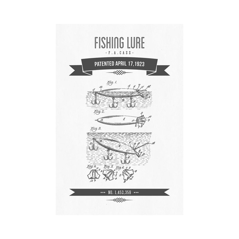 F.A. Cass Fishing Lure Patent Sketch Retro (Charcoal) by Aged Pixel - Wrapped Canvas Gallery-Wrapped Canvas Giclée