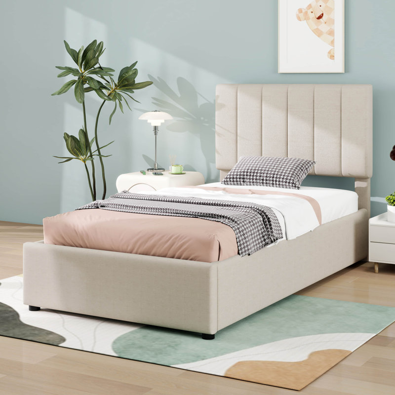 Lit plateforme tapissier avec système de rangement hydraulique, Beige, Simple