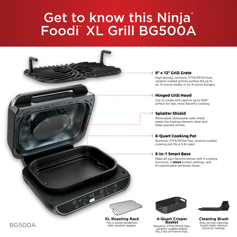 Ninja BG500A Foodi XL 5-in-1 Indoor Grill with 4-Quart Air Fryer, Roast,  Bake