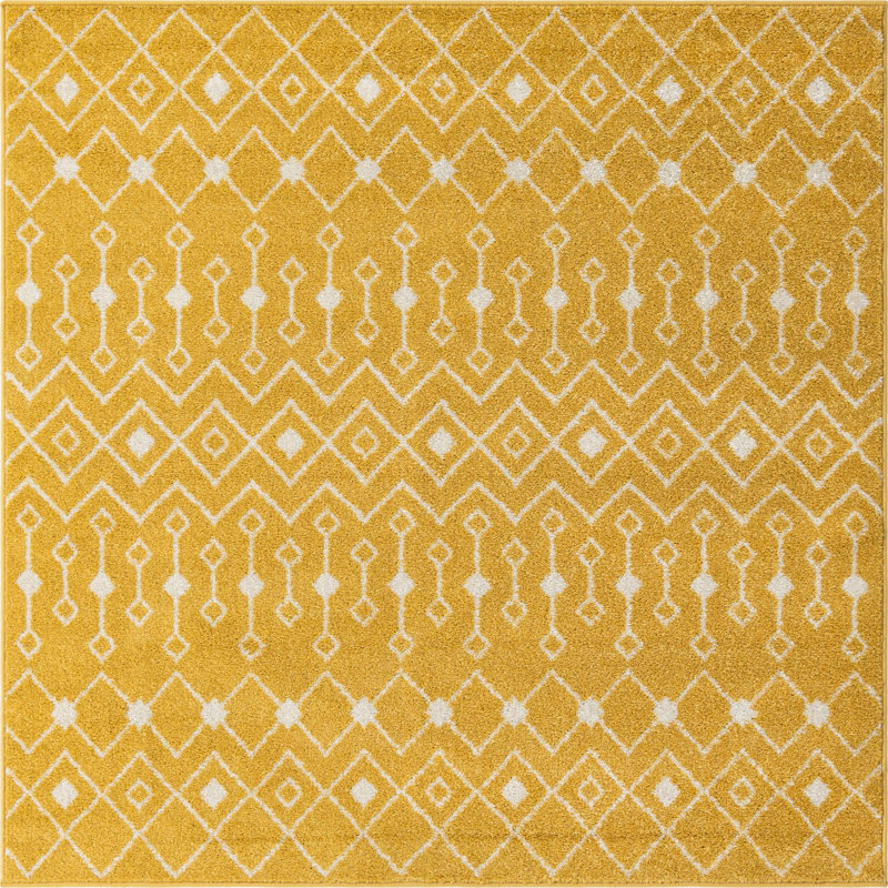 Tapis jaune / ivoire en polypropylène tissé à la machine Briehn, Carré 6 pi