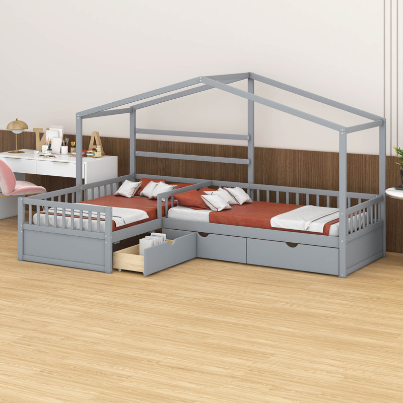 Lit plateforme simple en L en bois massif avec 3 tiroirs de rangement, Gris