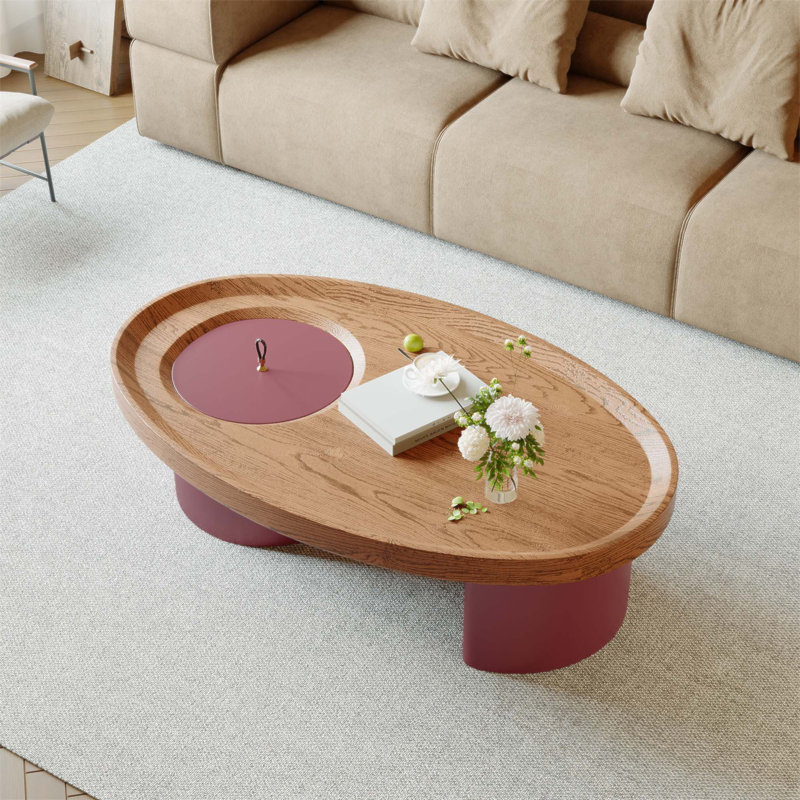 Table basse ovale en bois de 45,3 po avec rangement caché, pieds rouges, design Mid-Century moderne pour les grands espaces de vie, assemblage facile