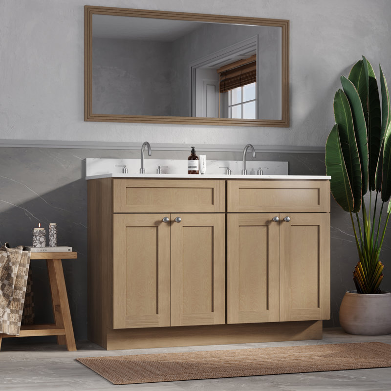 Shaker de meuble-lavabo double 48 po avec éclaboussures de dessus et de dos en quartz de Carrare Disar, Chêne naturel