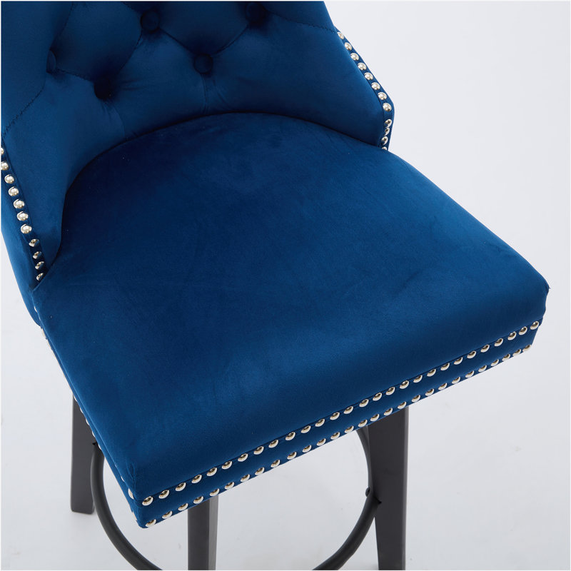 Modern  Swivel Bar Stools Velvet Barstools Button Tufted Bar Stools Rivet Trim Bar Stools for Kitchen Island,Bistro, with Metal Pull Ring Sturdy Footrest Large Backrest for Home Bar