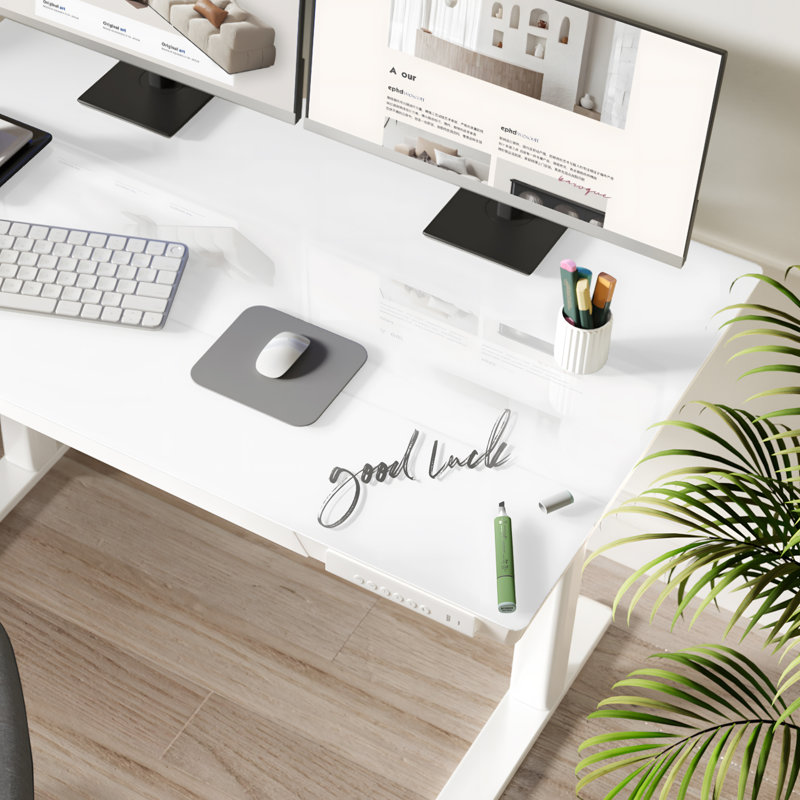 Seila Glass Top Height Adjustable Standing Desk, Computer Desk with Drawer, USB Port and Type-C Port, 46.5" H x 48" W x 24" D