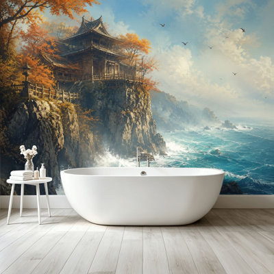 Peel and Stick Wallpaper Wall Mural Traditional Japanese Temple Rocky Cliff Ocean Waves Autumn Trees Wall Art Self Adhesive and Removable