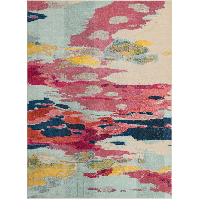 Tapis abstrait en polypropylène tissé à la machine Estelle bleu / jaune / orange, Rectangle 10 pi x 13 pi 1 po