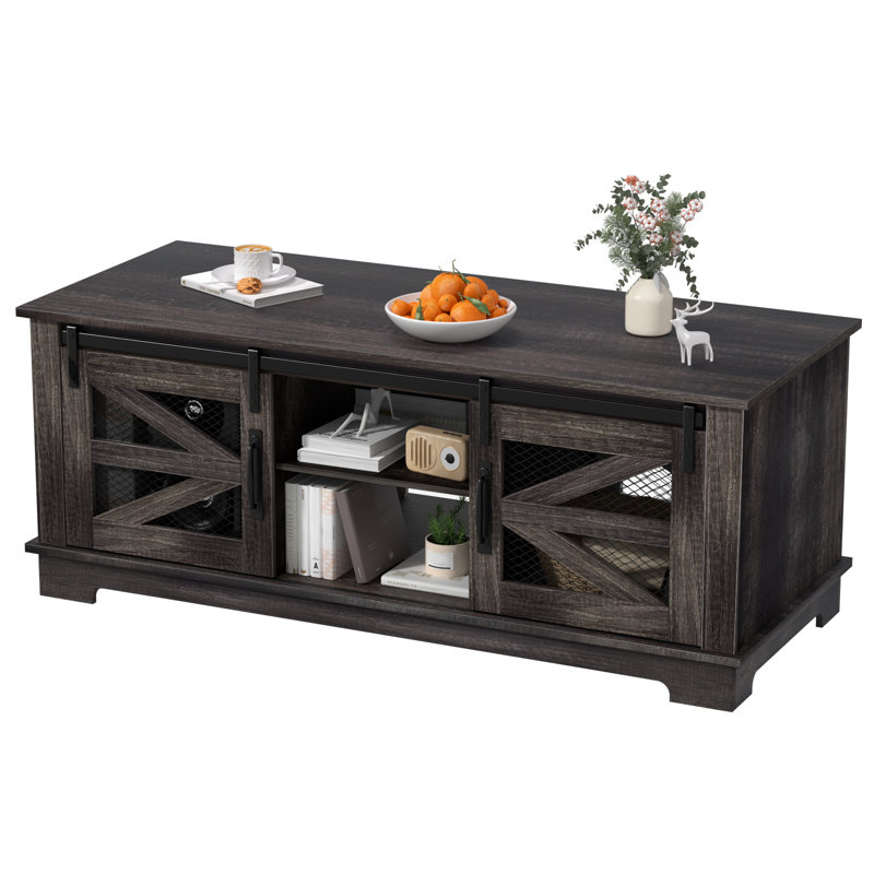 Table basse de ferme 48 po avec porte de grange coulissante, table centrale rustique avec compartiment de rangement caché, tablette réglable pour le salon, le bureau