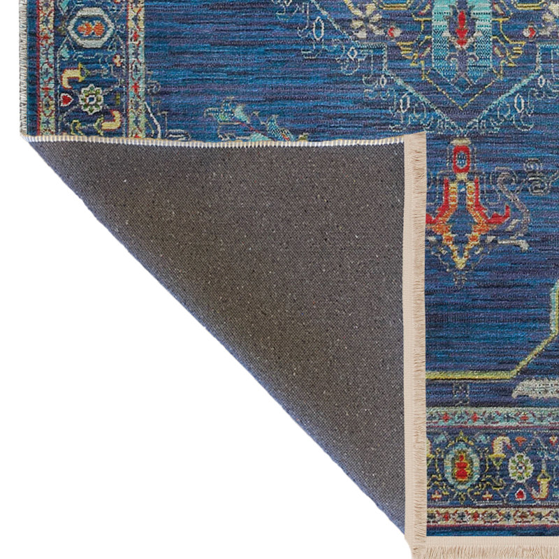 Tapis décoratif bleu marine multicolore à motif frangé, Rectangle 3 pi 11,24 po x 5 pi 10,87 po
