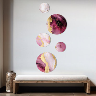 Rose et or marbre Essence I - ensemble d'art mural rond en marbre de 5