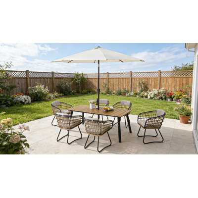 7-Piece Outdoor Wicker Dining Set with Wood-Plastic Composite board Table