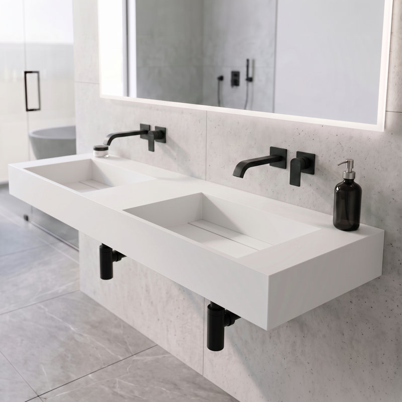 Juniper 60" Rectangular Modern Wall Mounted Bathroom Sink with Concealed Drain Plate - White, No Faucet Hole, White, No Hole