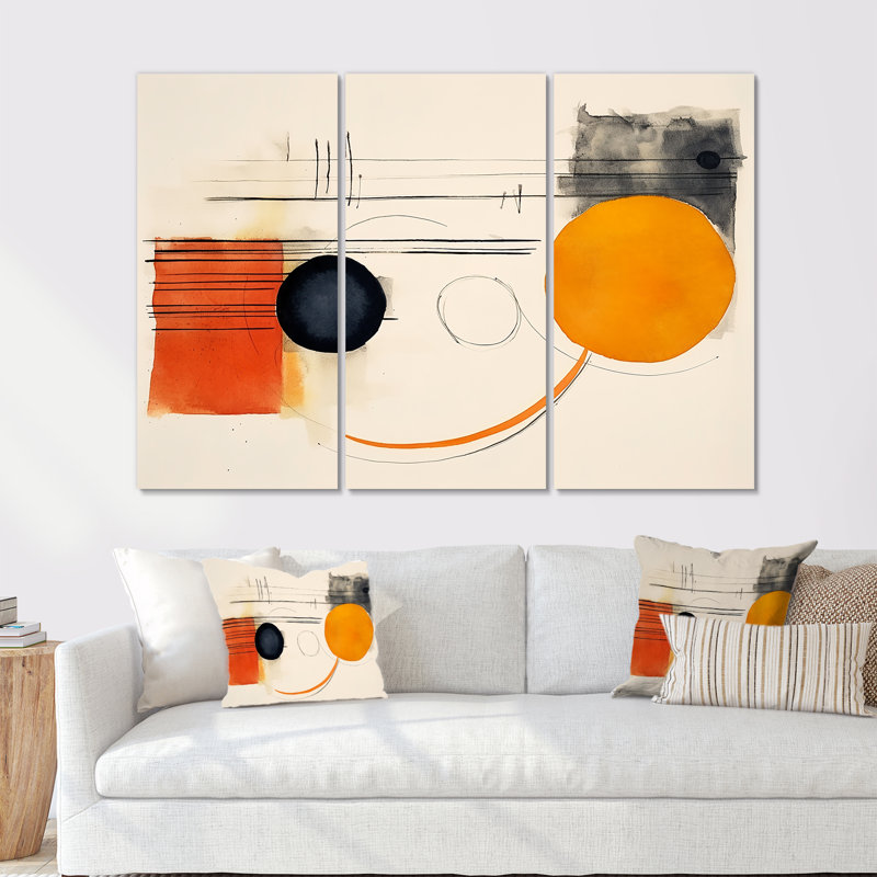 Lune orange abstraite, minimalisme rétro - ensemble d'art mural abstrait, H 28 po x l 36 po x P 1 po, Toile tendue