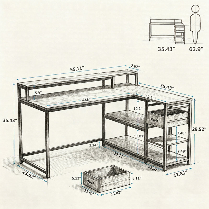 Bureau en L réversible, bureau d'ordinateur de coin industriel avec tiroirs, tablettes et support pour écran, Brun rustique