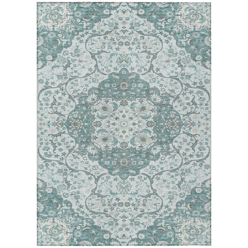 Tapis intérieur / extérieur 3 pi x 5 pi bleu sarcelle et ivoire lavable