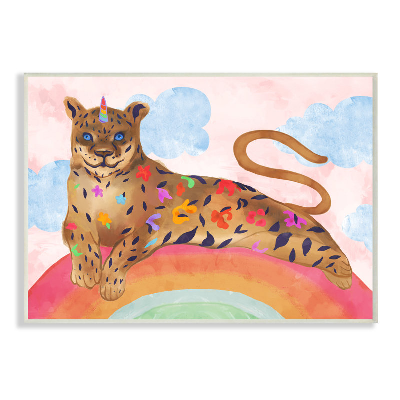 Fantastique chat de la jungle sur un arc-en-ciel mystique, H 13 po x l 19 po x P 0,5 po, Plaque de bois