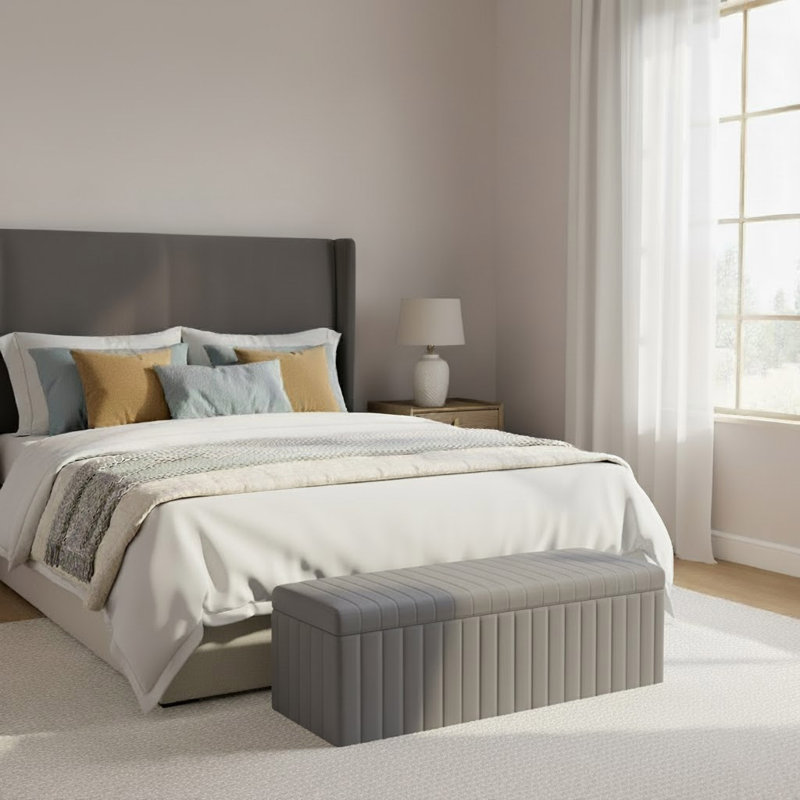 Lux Striped Wide Velvet Rectangle Solid Color Standard Ottoman Box with Storage, 40 cm H x 120 cm W x 42 cm D, Grey
