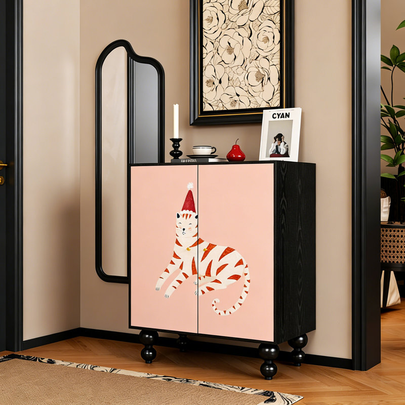 French Cute Cat Solid Wood Entryway Shoe Cabinet, Black