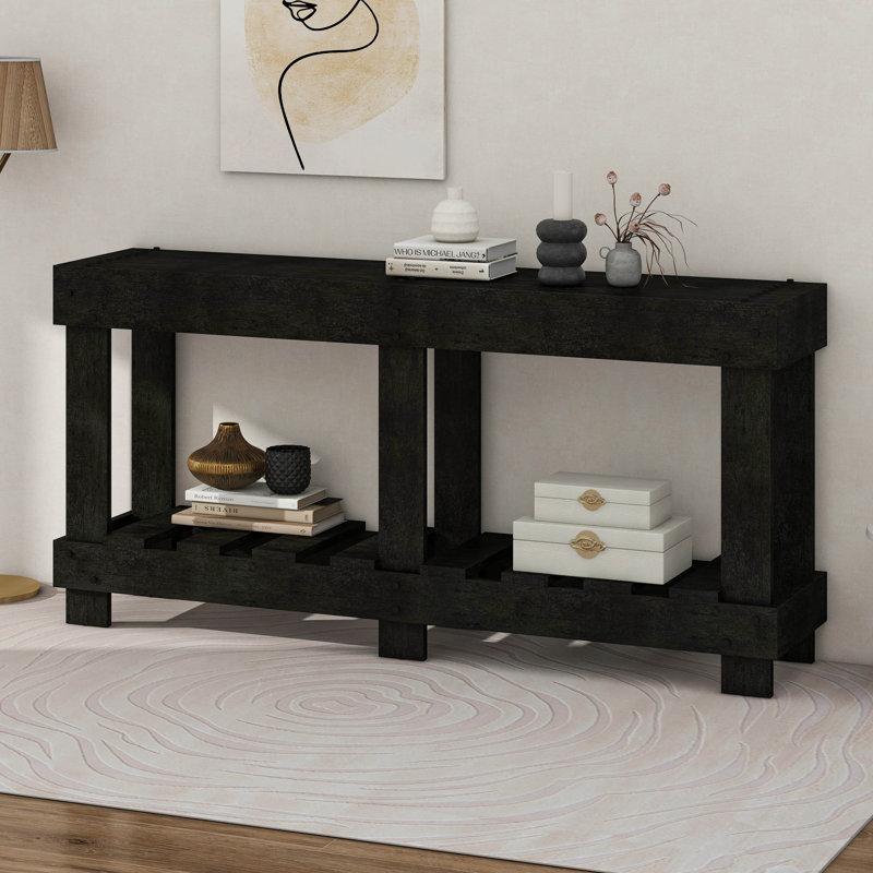 Vintage Entryway Table - Fir Solid Wood With Natural Grain, Metal Rivet Decor & Plank Under-Shelf, Black