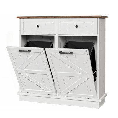 Armoire à poubelles et recyclage à double ouverture basculante de 100 cm avec 2 tiroirs, 2 bacs de 38 litres, rangement pour cuisine et buanderie de style campagnard (bacs non inclus)